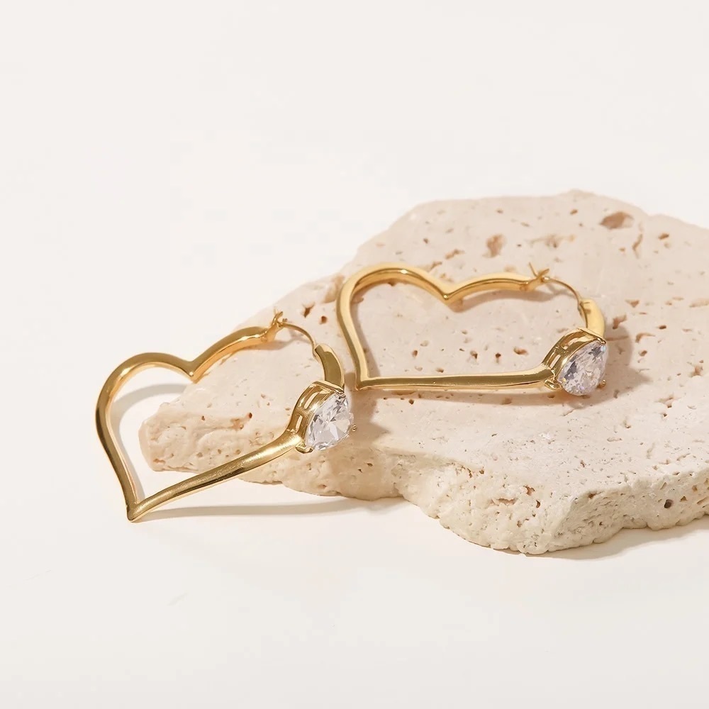 18K Gold Plated Heart Cubic Zirconia Hoop Earrings - Picture 5 of 8